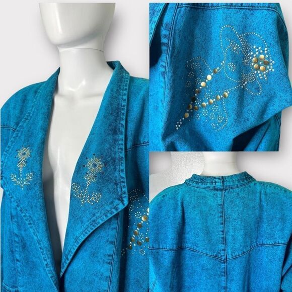 Vintage 80s Sundance Denim Jacket Large Western Blue Dyed Acid Wash Rhinestones - Picture 4 of 9